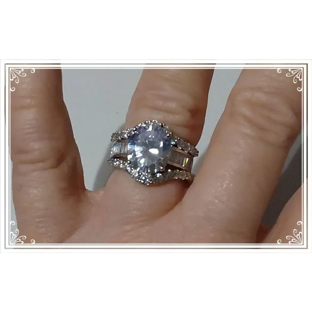 Stunning 7.5 Ct. Genuine Diamond Simulant Oval~Baguette~Round Bridal Ring Set #8